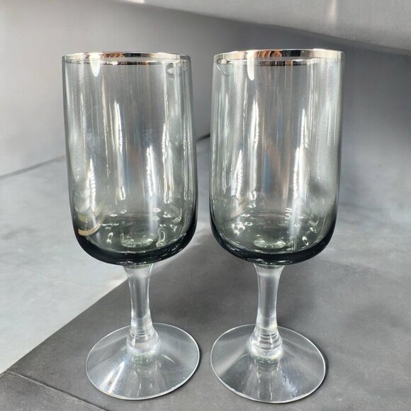 Fostoria Cherish Smoke Grey and Platinum Trim Set 2 Drinking Glasses Cups Glass - Picture 1 of 9